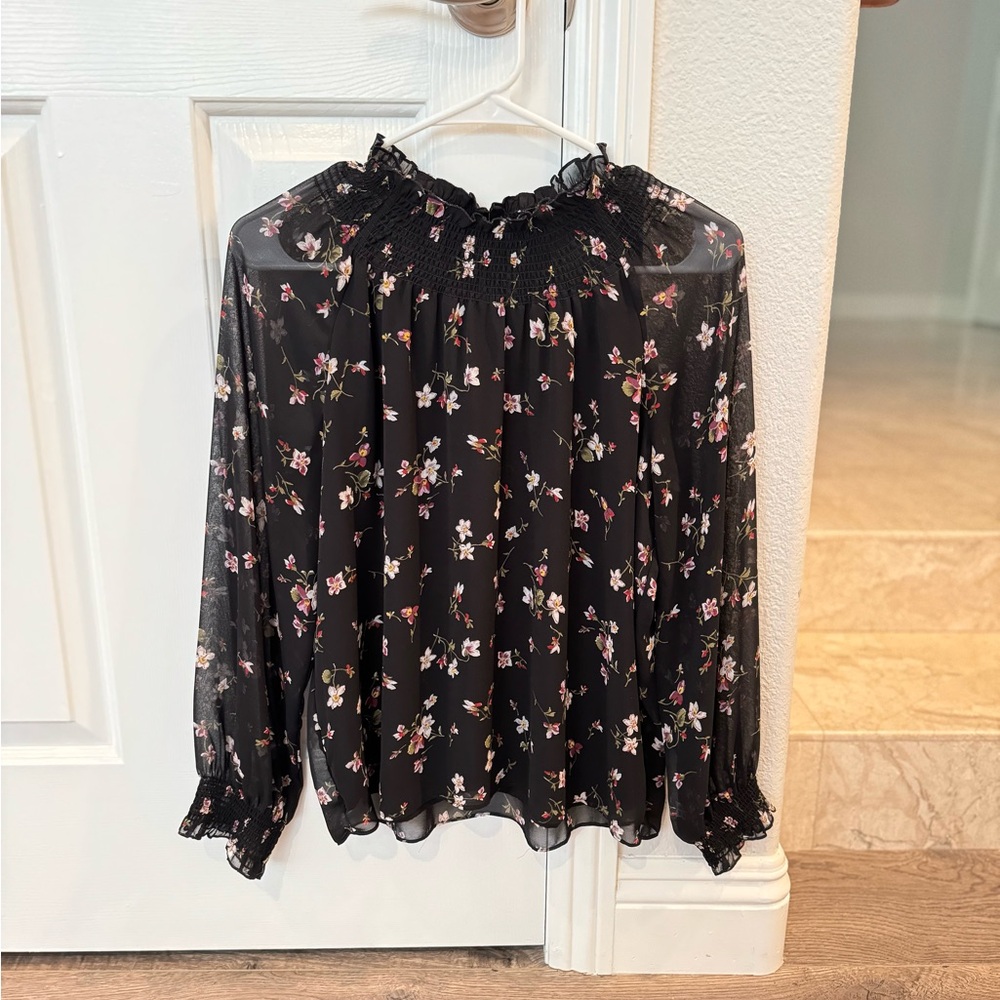 NWOT Madewell Georgette Ruffle-Collar Smocked Top in Falling Freesias - S